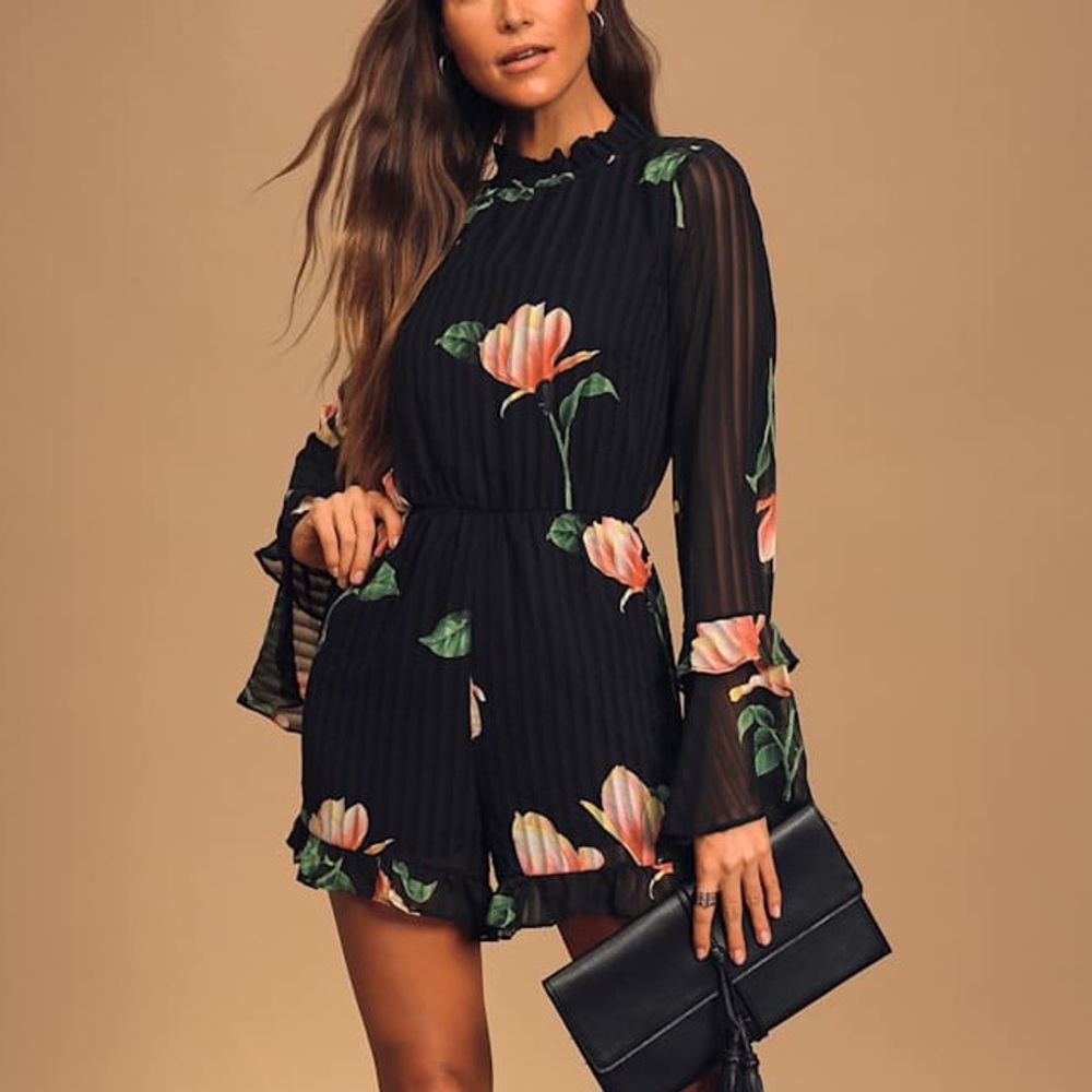 Lulus Talking Sweet Black Floral Print Long Sleeve Cutout Romper XS
